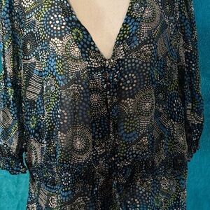 JM Collection Green and Blue Relaxed Blouse with Tie Front